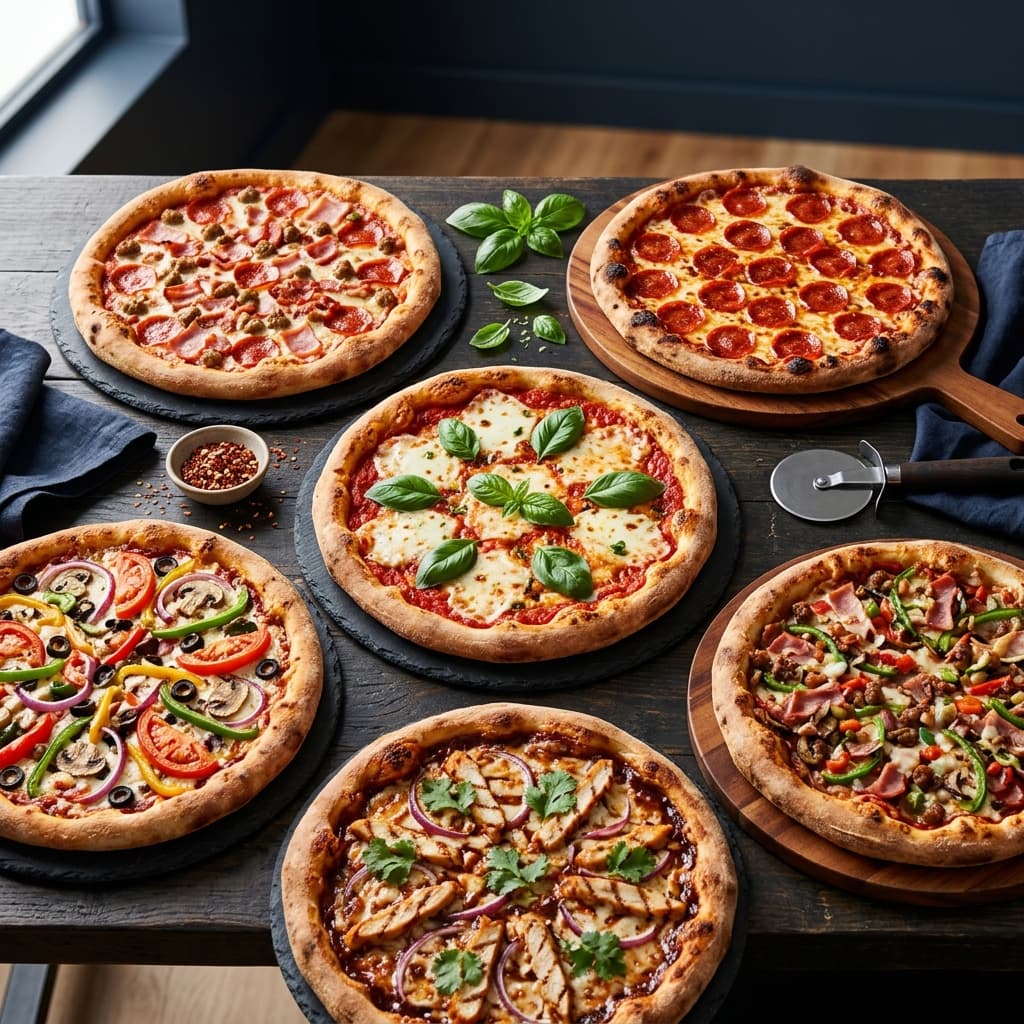Table setting with fresh pizzas