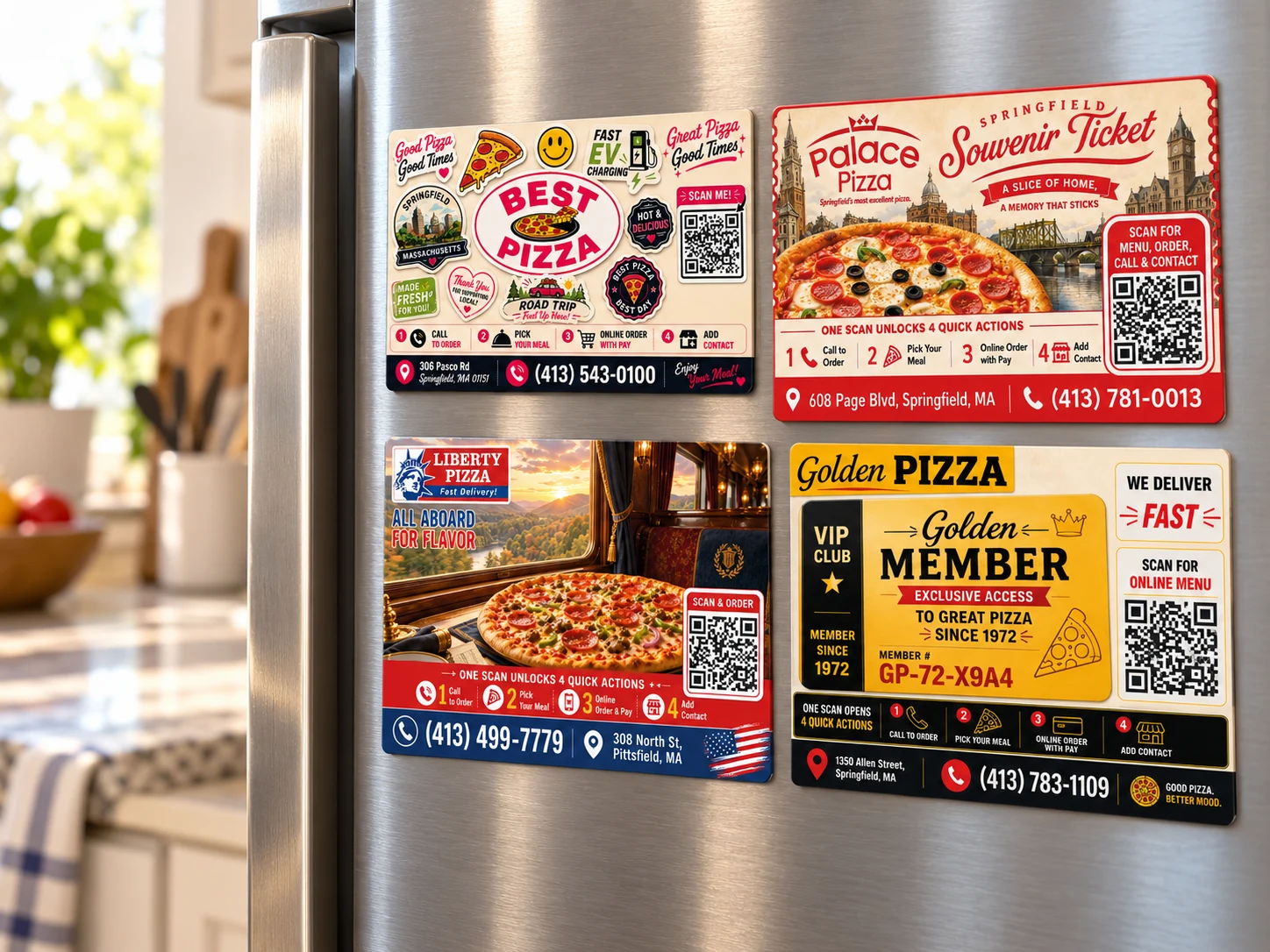Best Pizza, Palace Pizza, Liberty Pizza and Golden Pizza custom magnets on a kitchen refrigerator