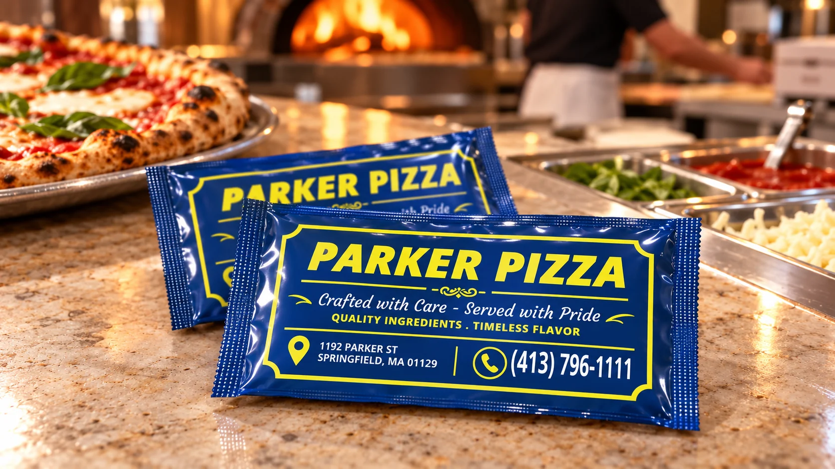 Parker Pizza custom wet wipe packets on a pizzeria counter